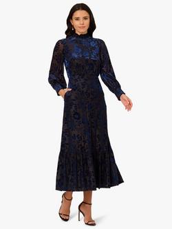Adrianna Papell Floral Burnout Velvet Midi Dress, Light Navy, Light Navy