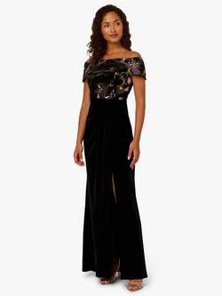 Adrianna Papell Floral Sequin Off Shoulder Maxi Dress, Black/Multi, Black/Multi