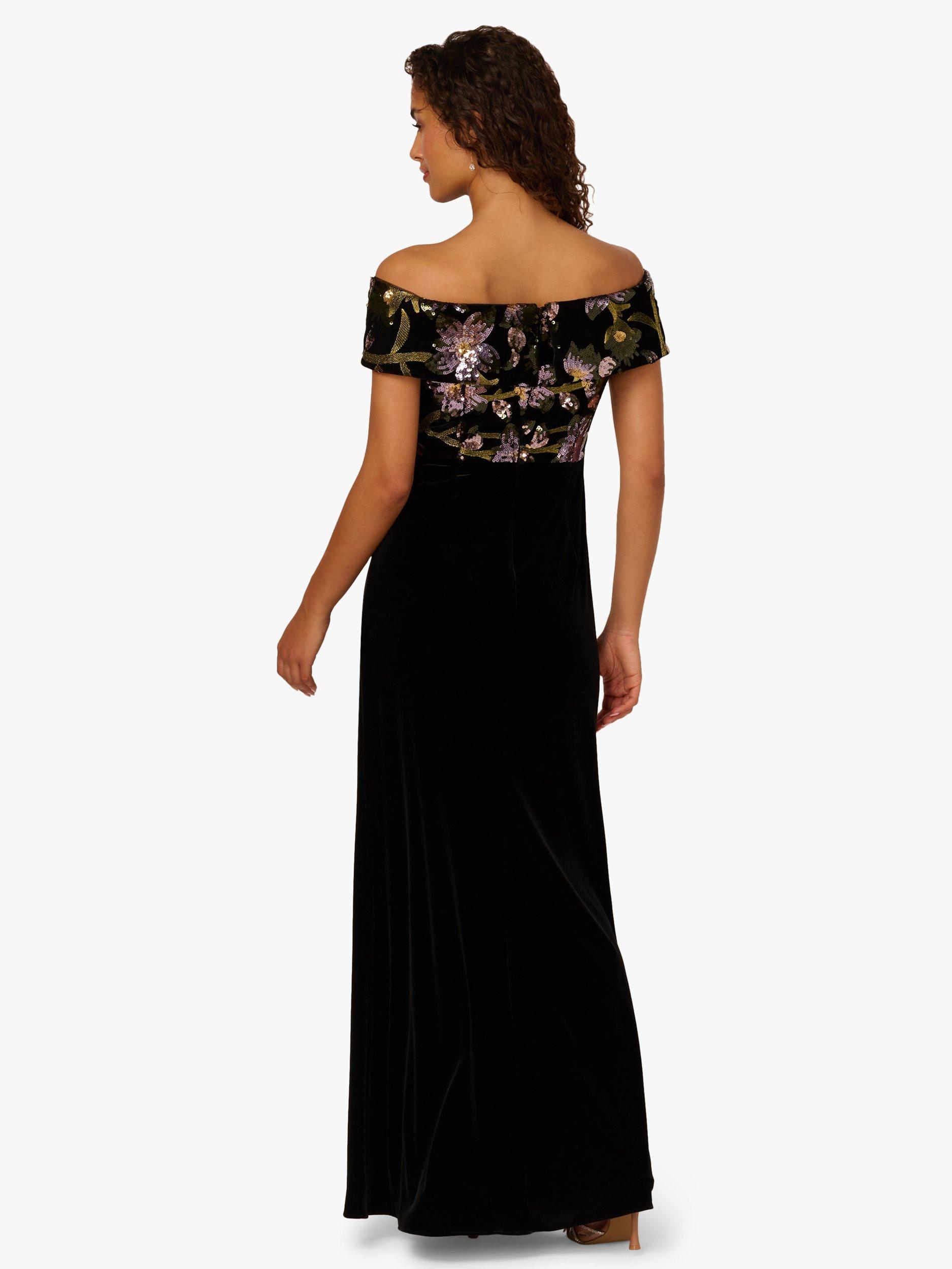 Adrianna Papell Floral Sequin Off Shoulder Maxi Dress, Black/Multi