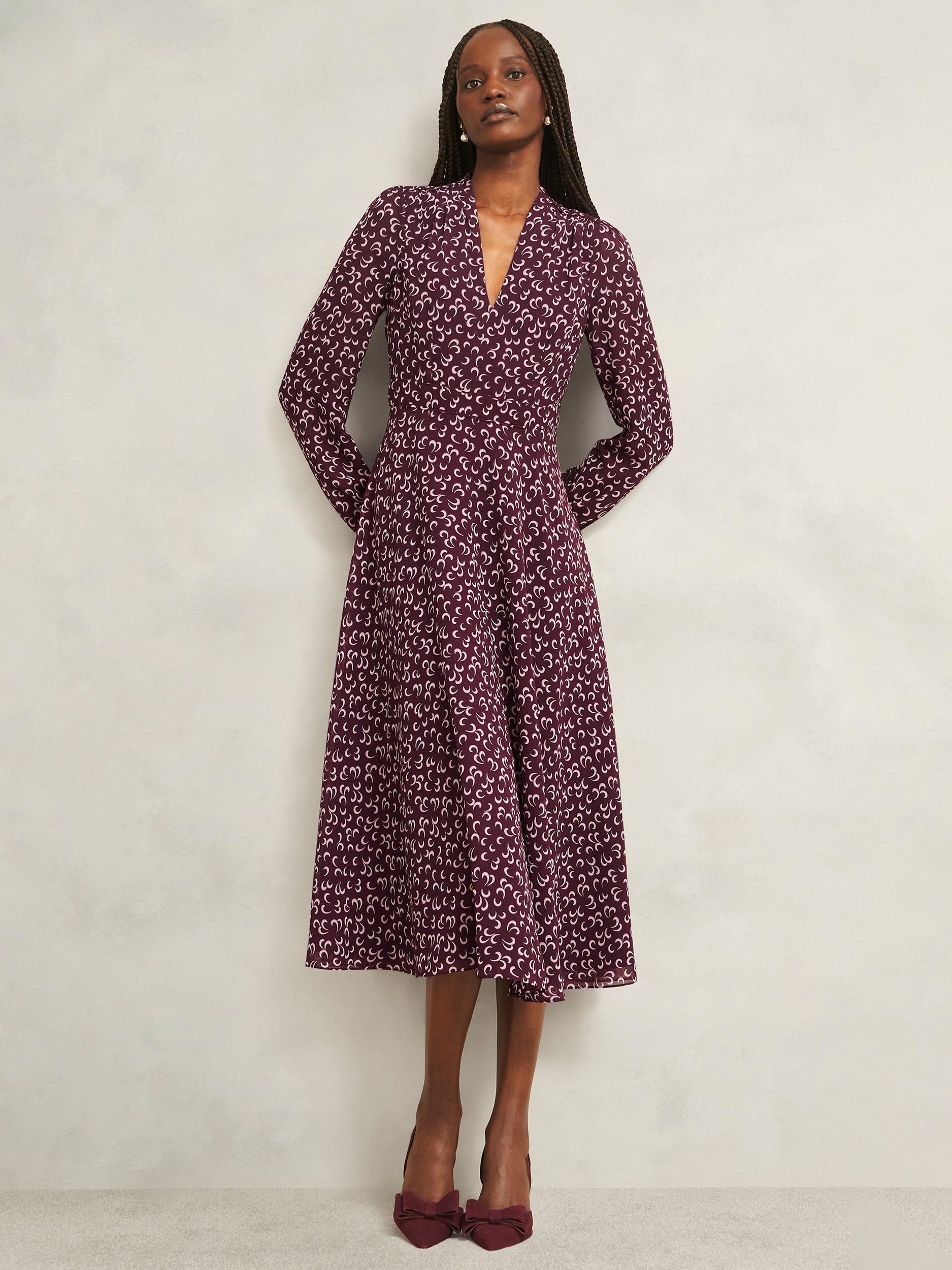 Product image 1 of 4, which shows Hobbs Aurora Petite A Line Midi Dress, Onyx Red/Multi, 8