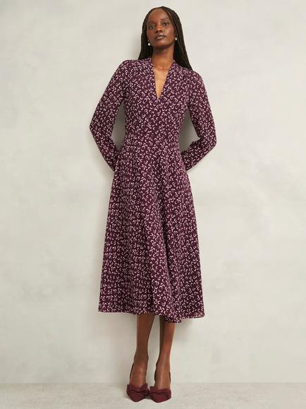 Hobbs Aurora Petite A Line Midi Dress, Onyx Red/Multi