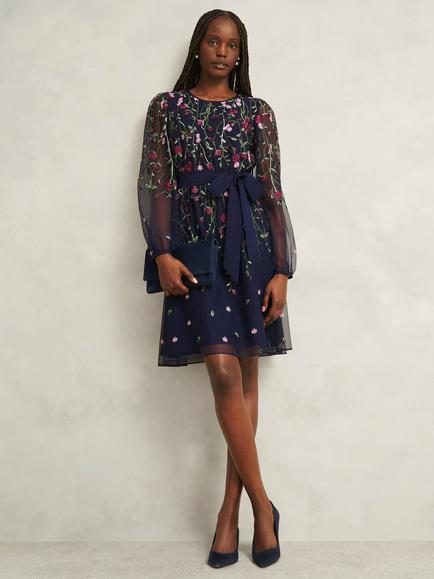 Hobbs Emmy Petite Floral Fit & Flare Mini Dress, Midnight/Multi