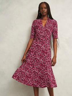 Hobbs Jaci Petite Spot V Neck A Line Midi Dress, Red/Multi