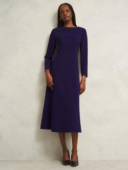 Hobbs Leonora Petite Long Sleeve Boat Neck A Line Midi Dress, Midnight Purple