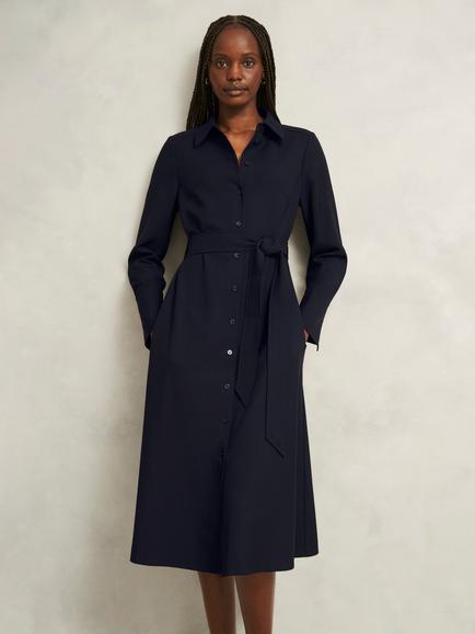 Hobbs Lyla Petite Long Sleeve Midi Shirt Dress, Navy