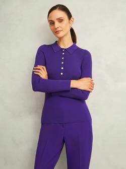 Hobbs Fara Ribbed Knit Polo Shirt, Future Purple, Future Purple