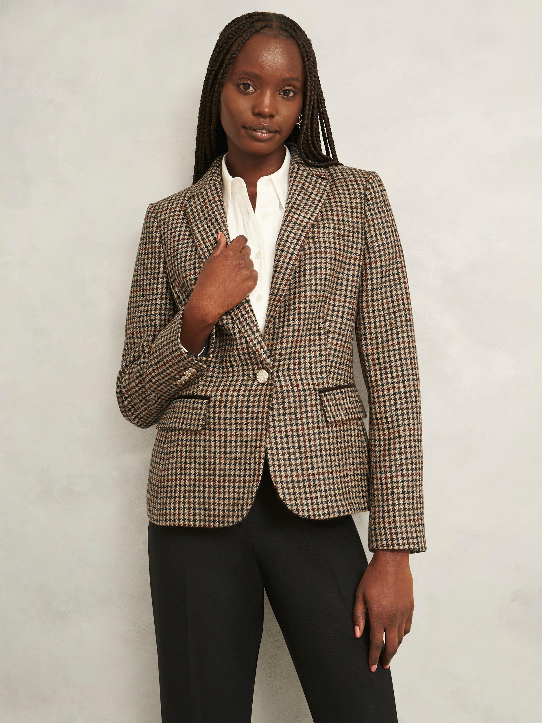 Product image 1 of 7, which shows Hobbs Adeline Houndstooth Pure Wool Blazer, Brown/Multi, 20