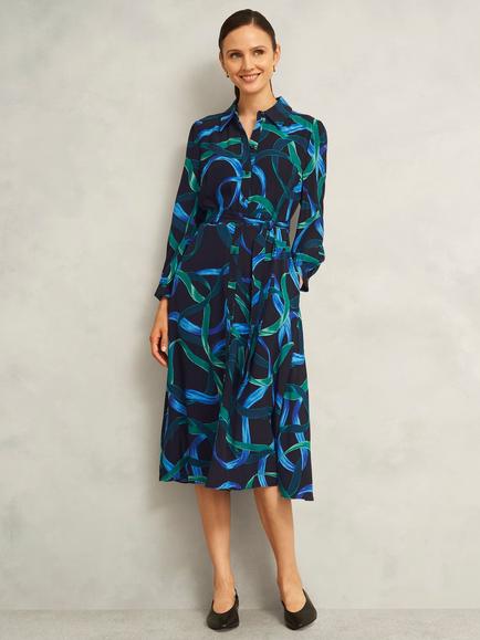Hobbs Alis Ribbon Print Shirt Dress, Blue/Multi, Blue/Multi