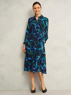 Hobbs Petite Alis Ribbon Print Shirt Dress, Blue/Multi, Blue/Multi