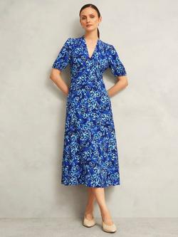 Hobbs Petite Sidonie Blurred Floral Tea Dress, Blue/Multi, Blue/Multi