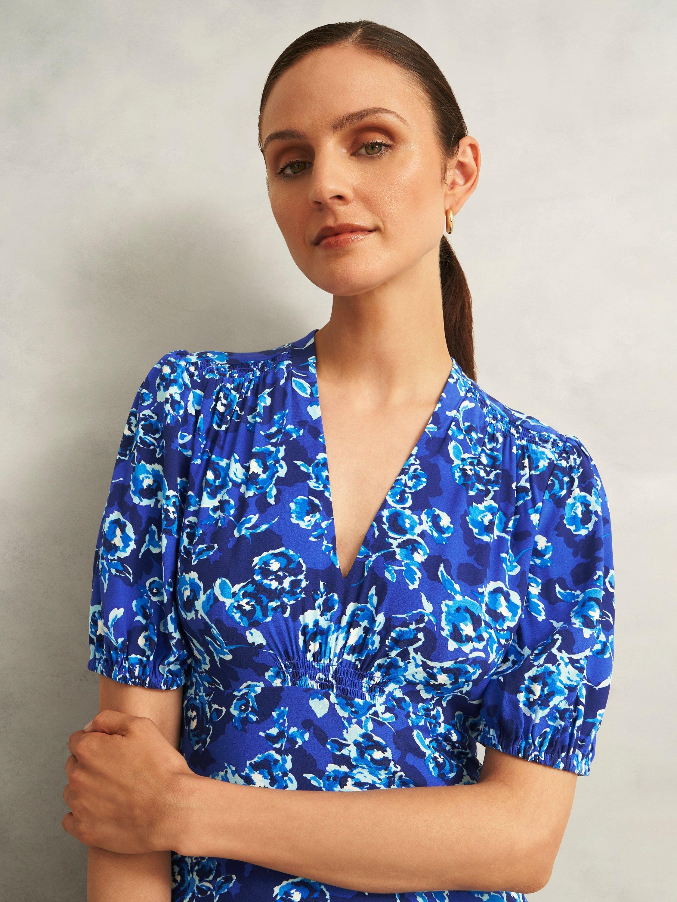 Hobbs Petite Sidonie Blurred Floral Tea Dress, Blue/Multi