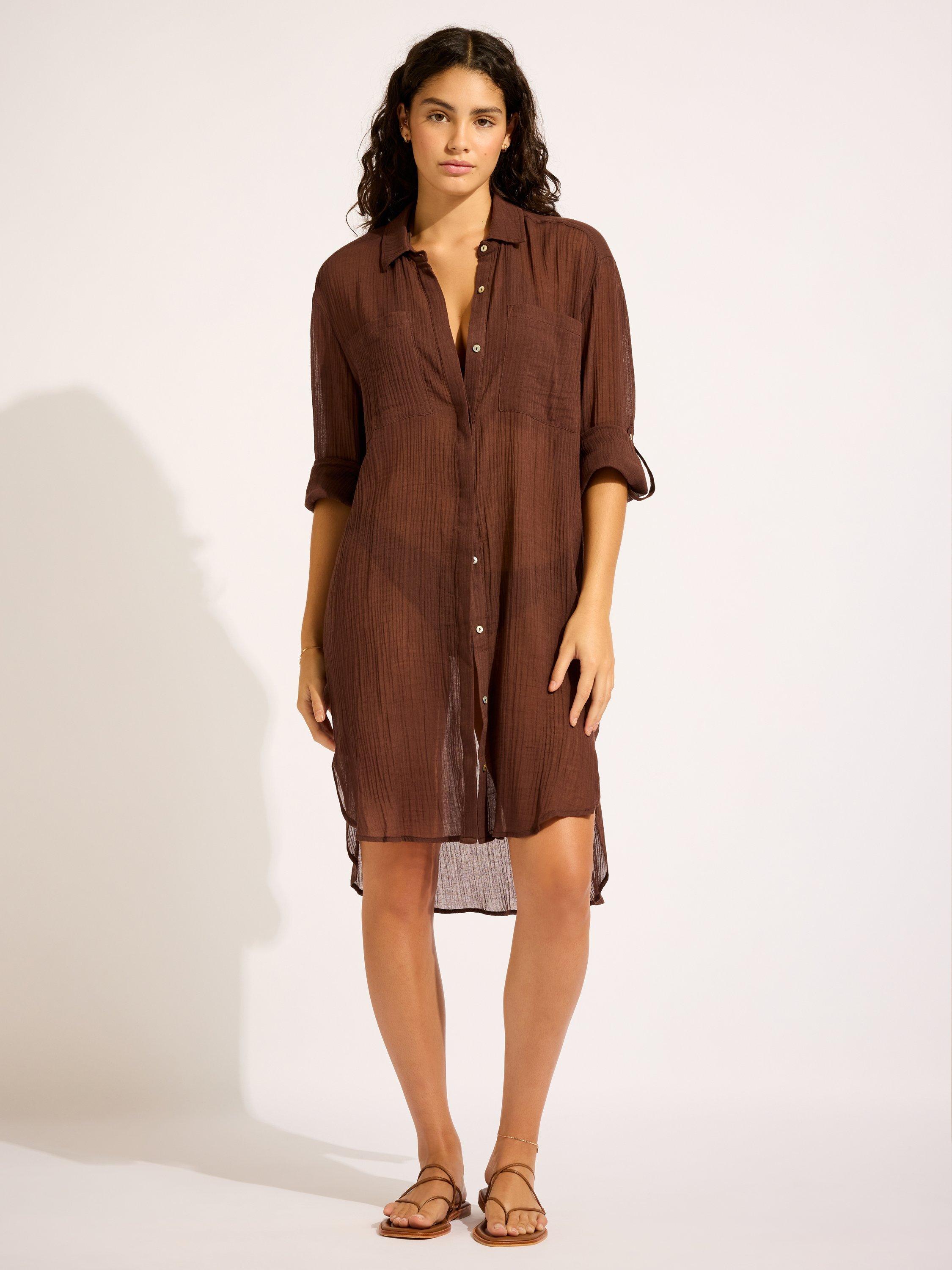 Product image 1 of 4, which shows Seafolly Crinkle Twill Beach Shirt, Dark Chocolate, XS