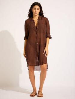 Seafolly Crinkle Twill Beach Shirt, Dark Chocolate, Dark Chocolate