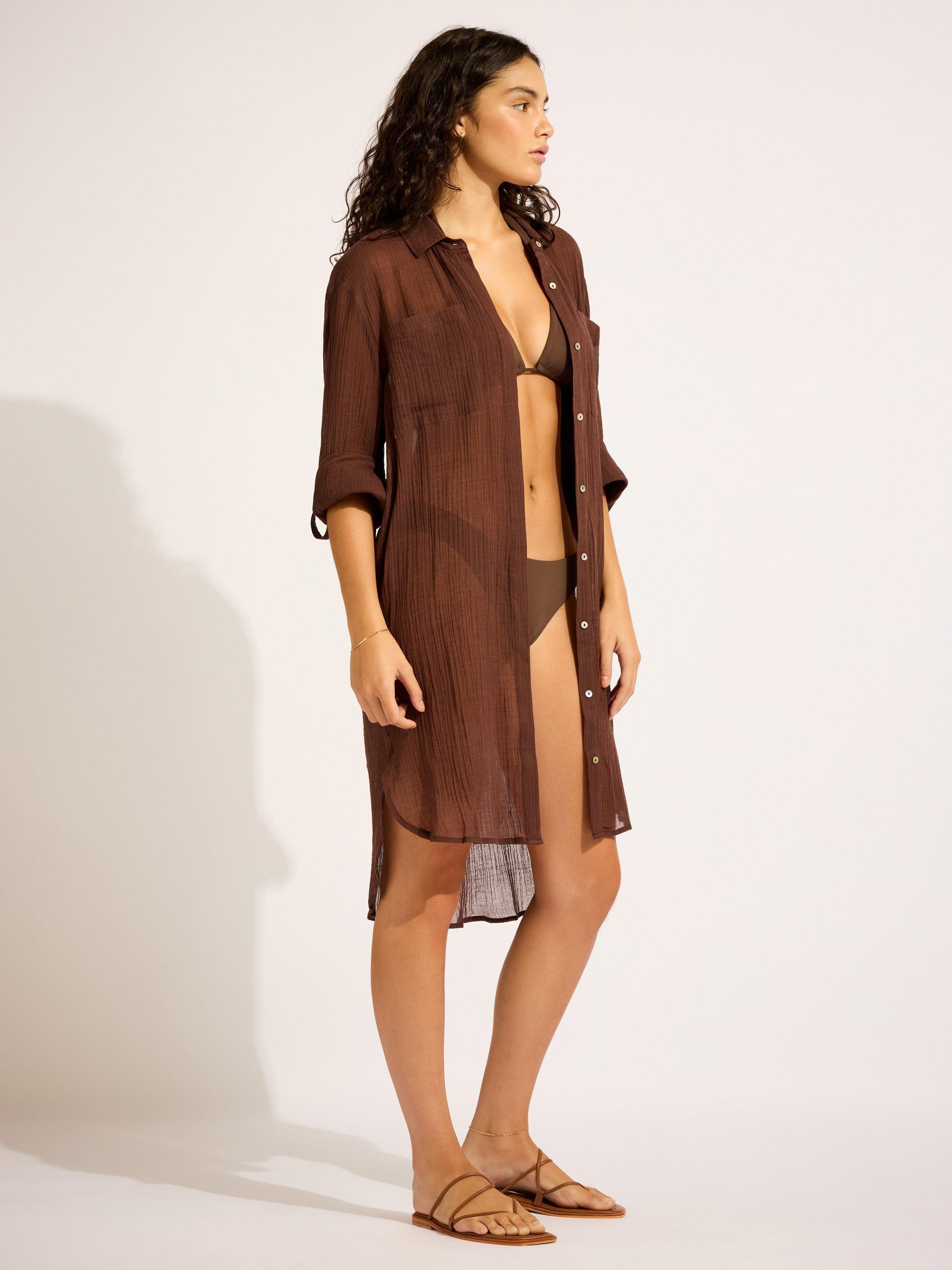 Product image 2 of 4, which shows Seafolly Crinkle Twill Beach Shirt, Dark Chocolate, XS