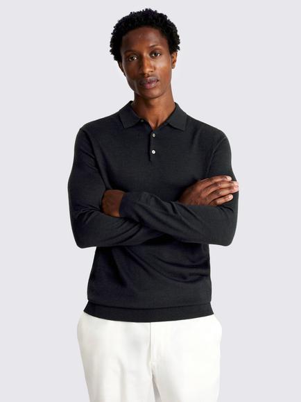 Moss Merino Wool Blend Long Sleeve Polo Shirt, Dark Teal