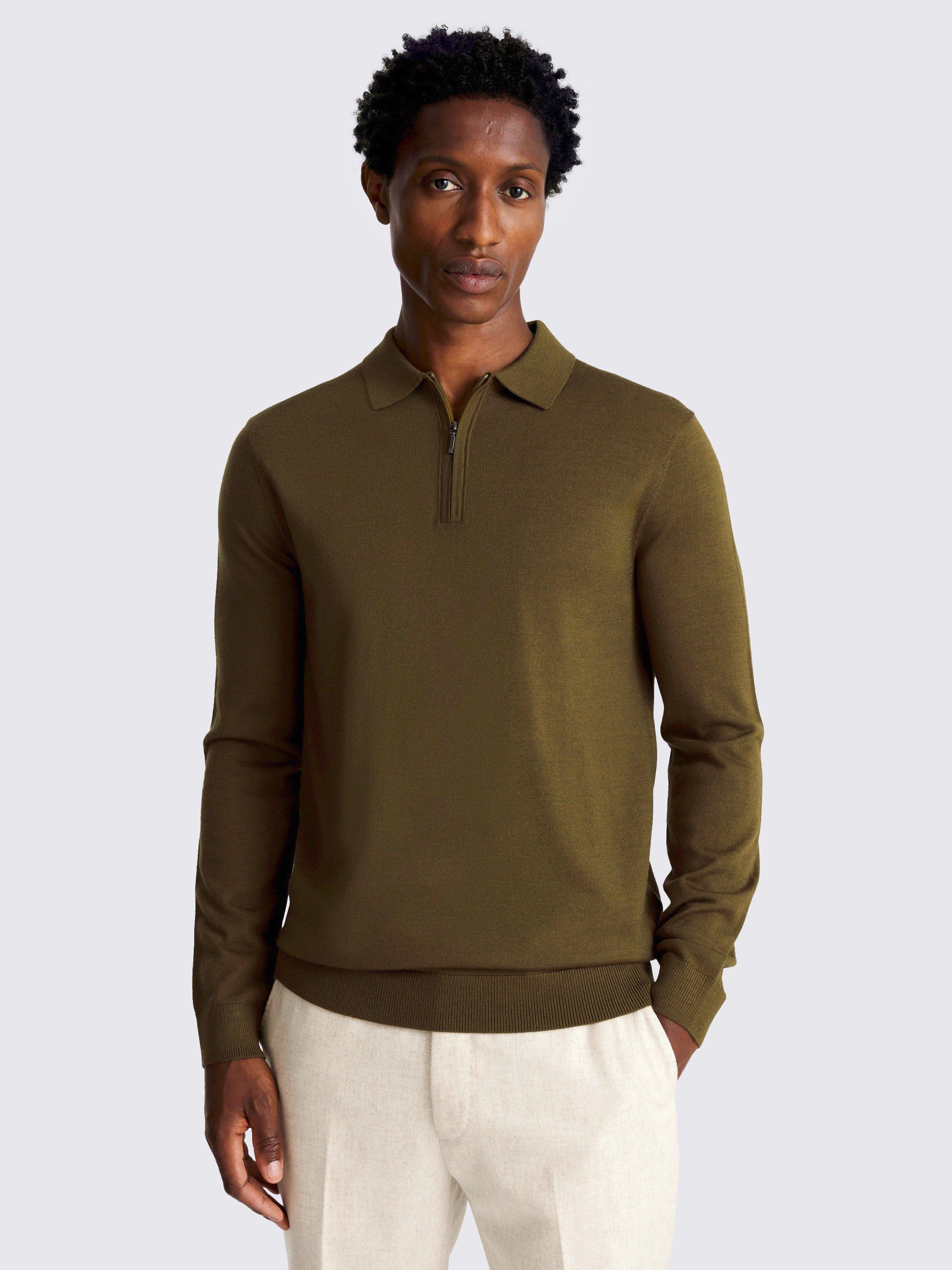 Product image 1 of 4, which shows Moss Merino Wool Blend Regular Fit Zip Neck Polo Shirt, Olive, S