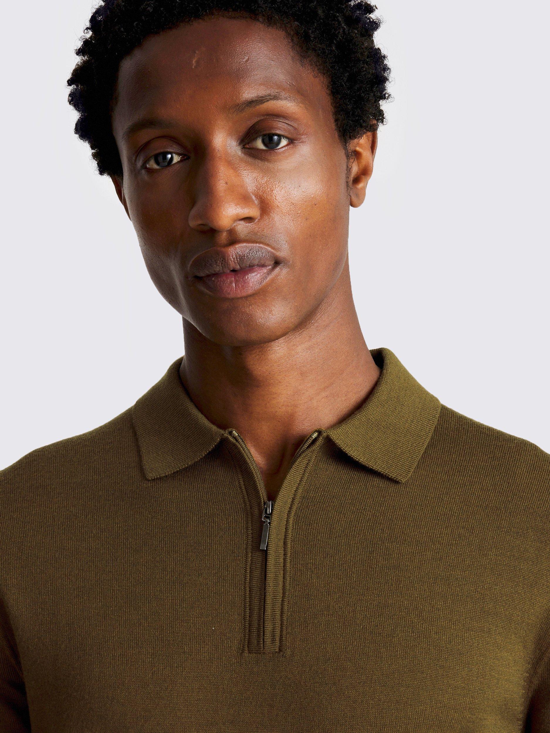 Product image 3 of 4, which shows Moss Merino Wool Blend Regular Fit Zip Neck Polo Shirt, Olive, S