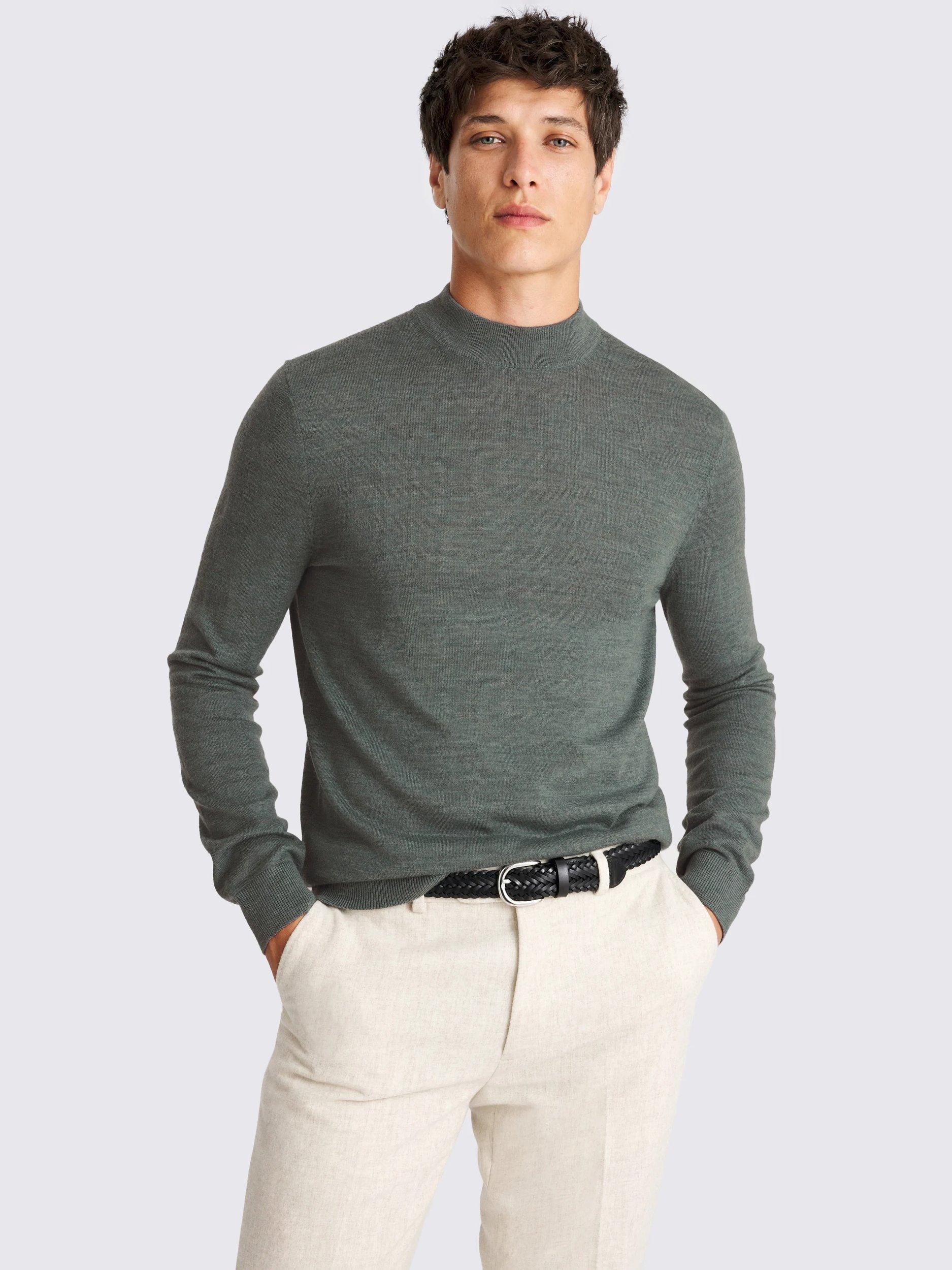 Product image 1 of 4, which shows Moss Cerise Merino Wool Blend High Neck Jumper, Teal, S