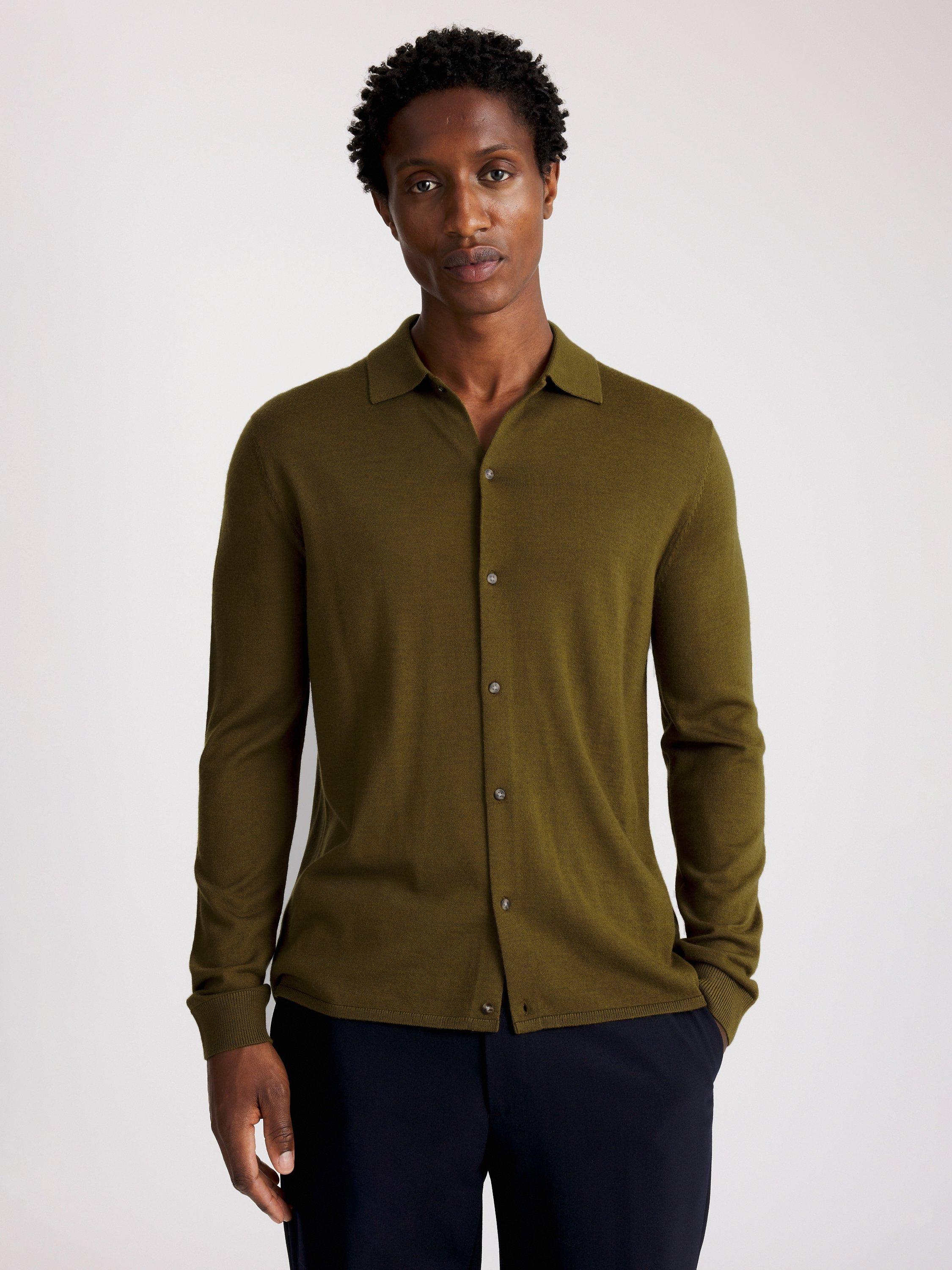 Product image 1 of 4, which shows Moss Merino Wool Blend Button-Up Shirt, Olive, S