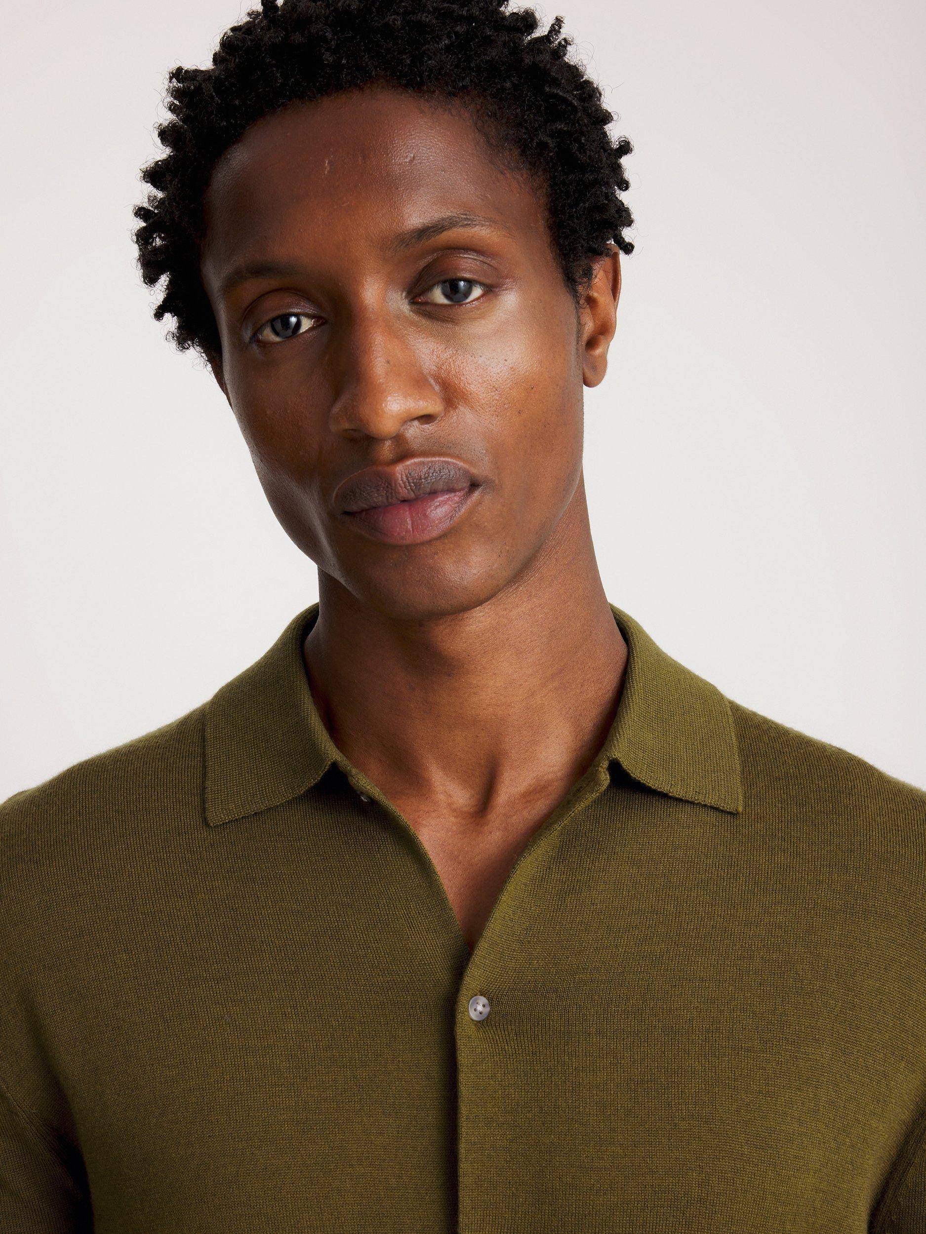 Product image 3 of 4, which shows Moss Merino Wool Blend Button-Up Shirt, Olive, S