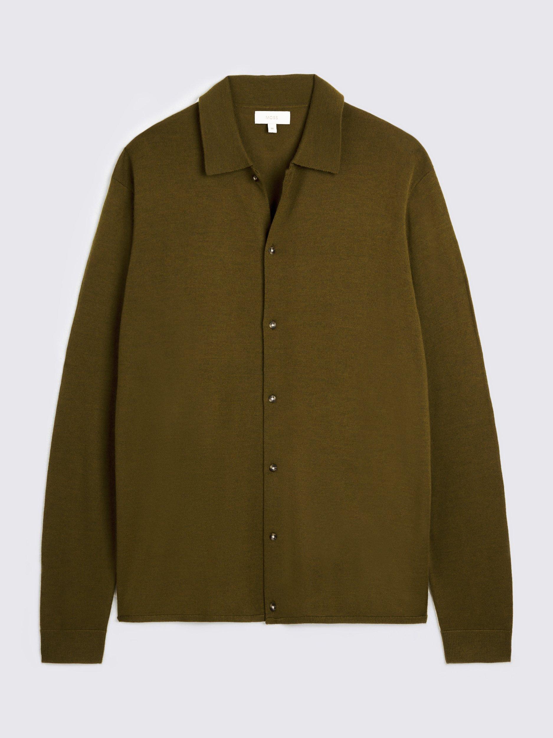 Product image 4 of 4, which shows Moss Merino Wool Blend Button-Up Shirt, Olive, S