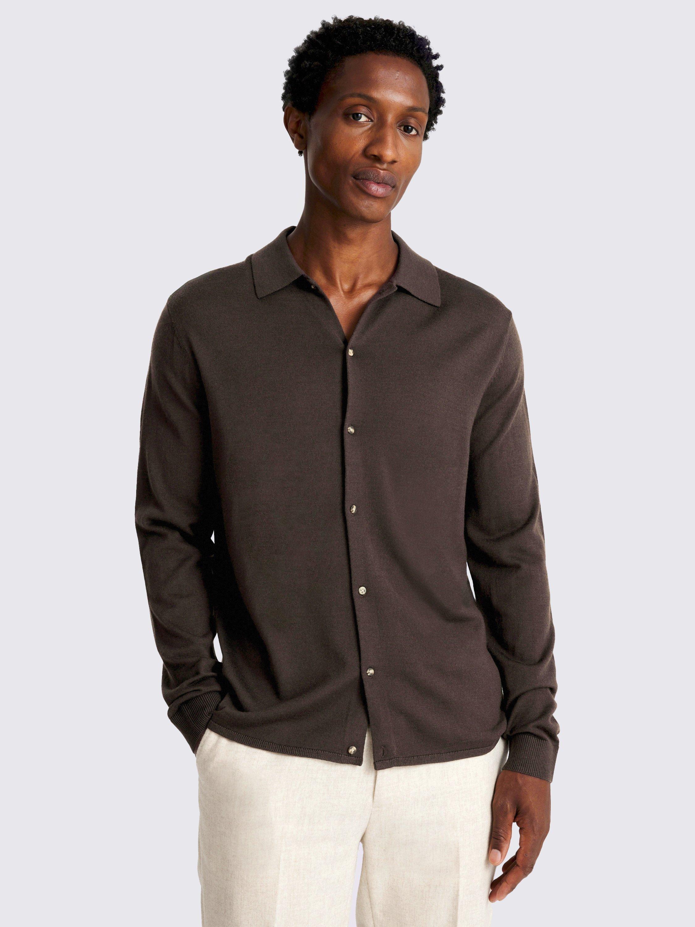 Product image 1 of 4, which shows Moss Merino Wool Blend Button-Up Shirt, Brown, S