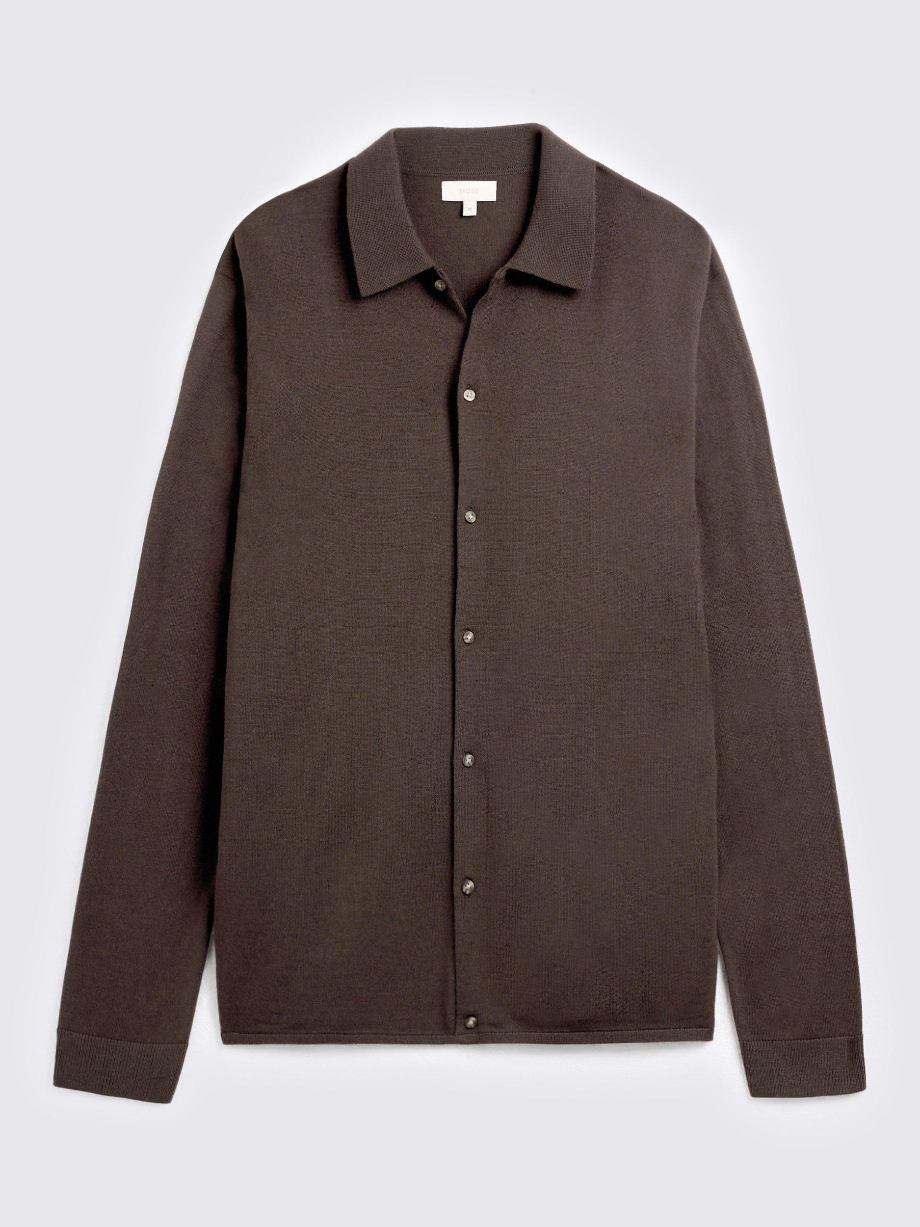Product image 4 of 4, which shows Moss Merino Wool Blend Button-Up Shirt, Brown, S