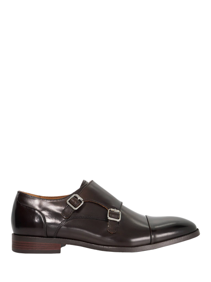 Dune London Satchin Wide Fit Leather Flexi Sole Toe Cap Monk Shoes, Dark Brown, Dark Brown