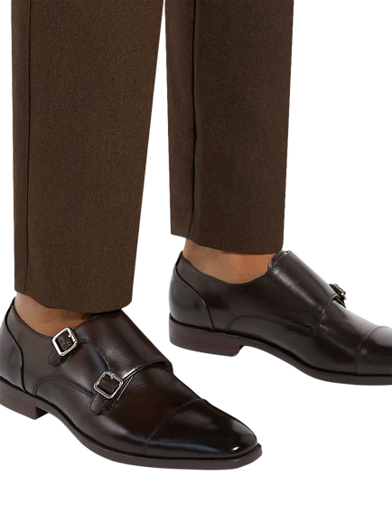 Dune London Satchin Wide Fit Leather Flexi Sole Toe Cap Monk Shoes, Dark Brown - view 2, Dark Brown