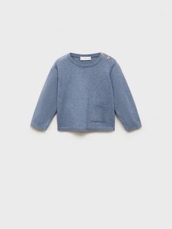 Mango Baby Cotton Blend London Neck Buttons Jumper, Medium Blue