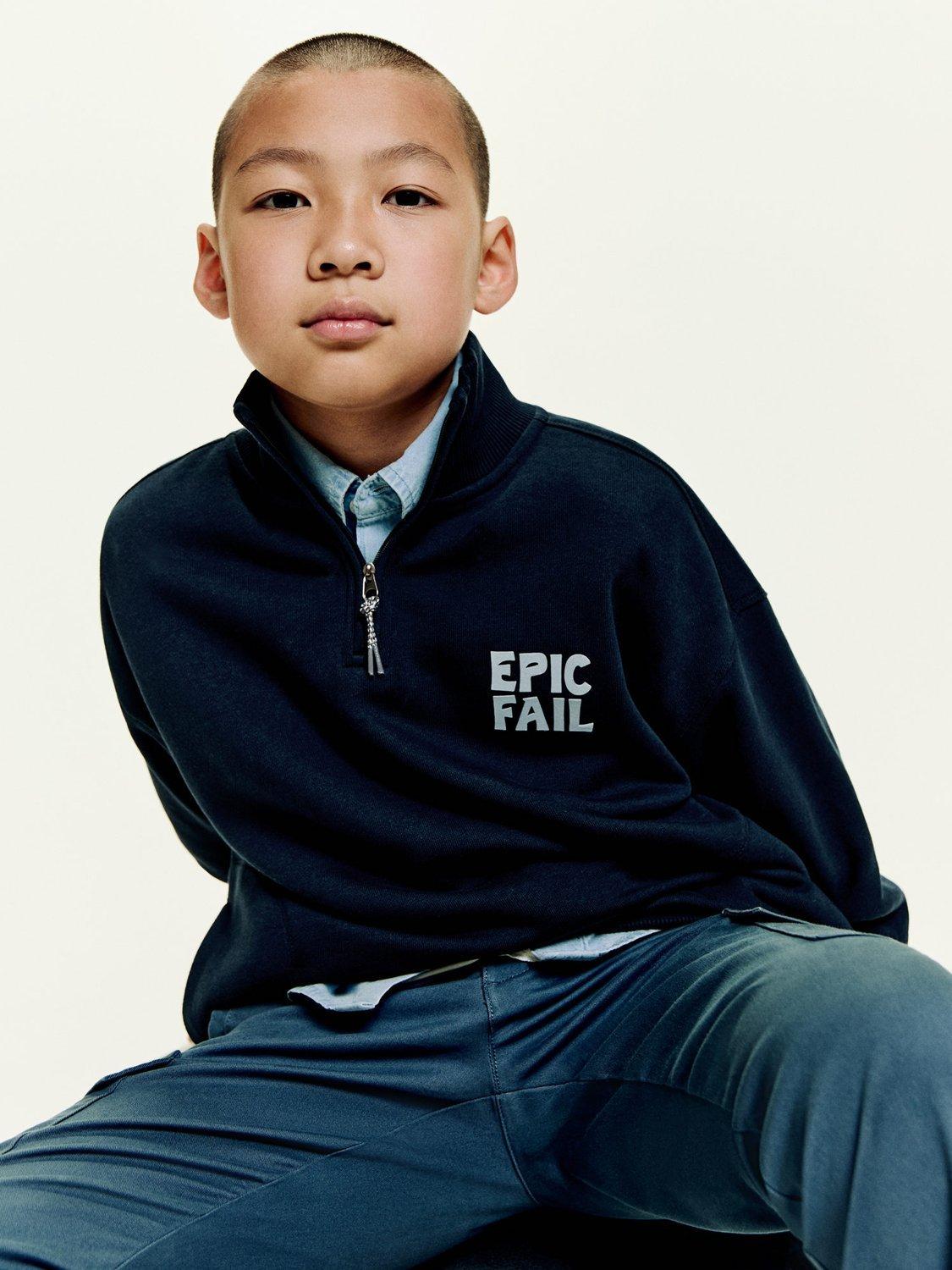 Product image 1 of 6, which shows Mango Kids' Cotton Epic Zip Funnel Neck Sweatshirt, Navy, 11-12 years