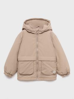 Mango Kids' Edu Hooded Quilted Coat, Medium Brown