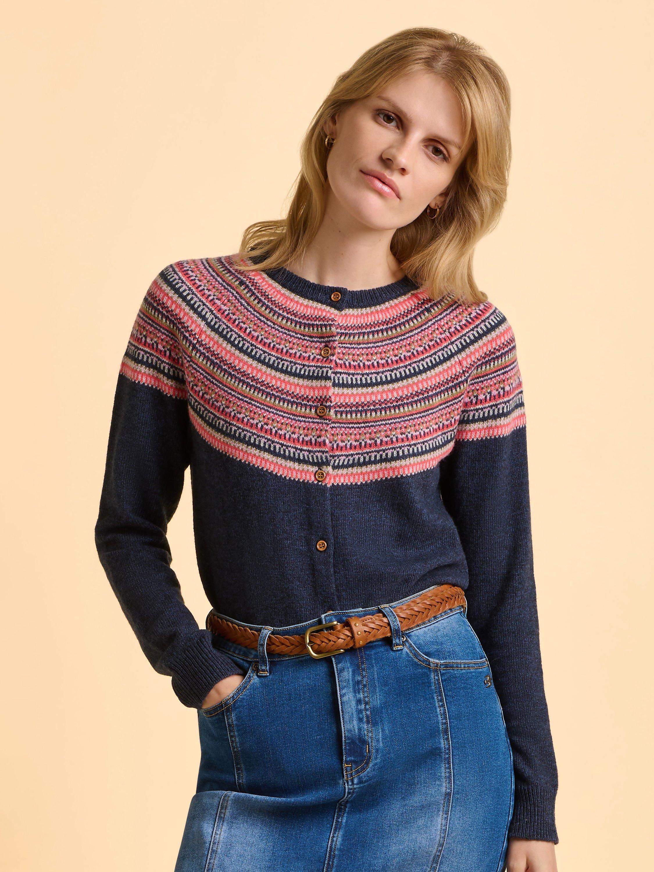 Product image 1 of 6, which shows Brakeburn Deepwater Fine Wool Blend Fairisle Cardigan, Blue, 8