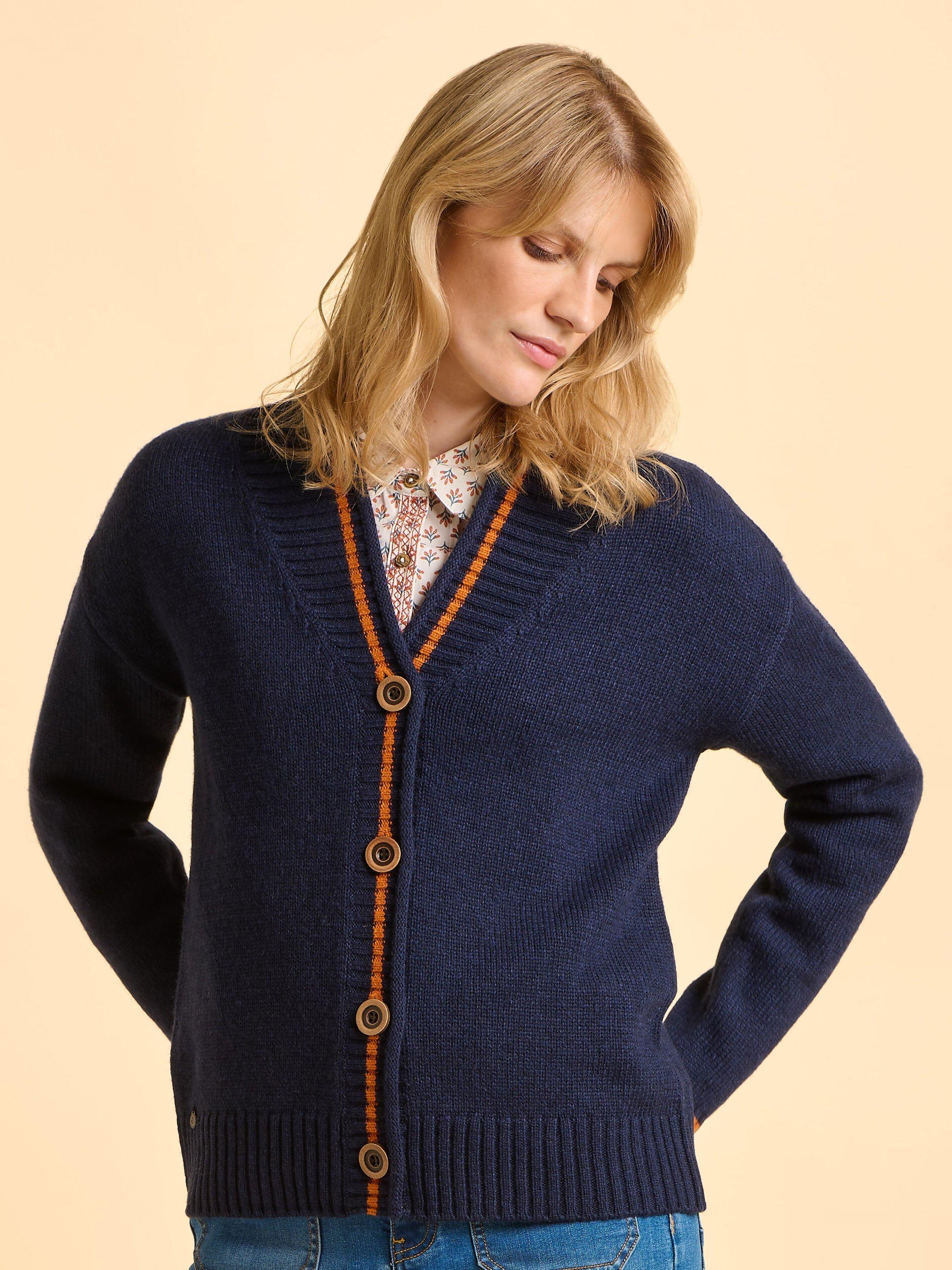 Product image 5 of 5, which shows Brakeburn Midnight Chunky Knit Crew Neck Cardigan, Blue, 8