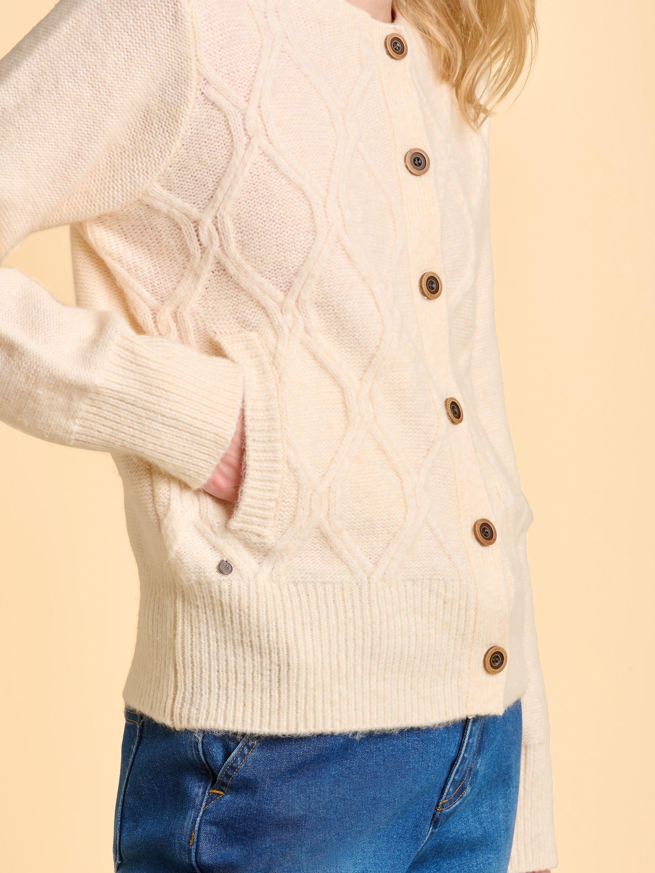 Product image 4 of 6, which shows Brakeburn Pebble Long Sleeve Crew Neck Cardigan, Cream, 8