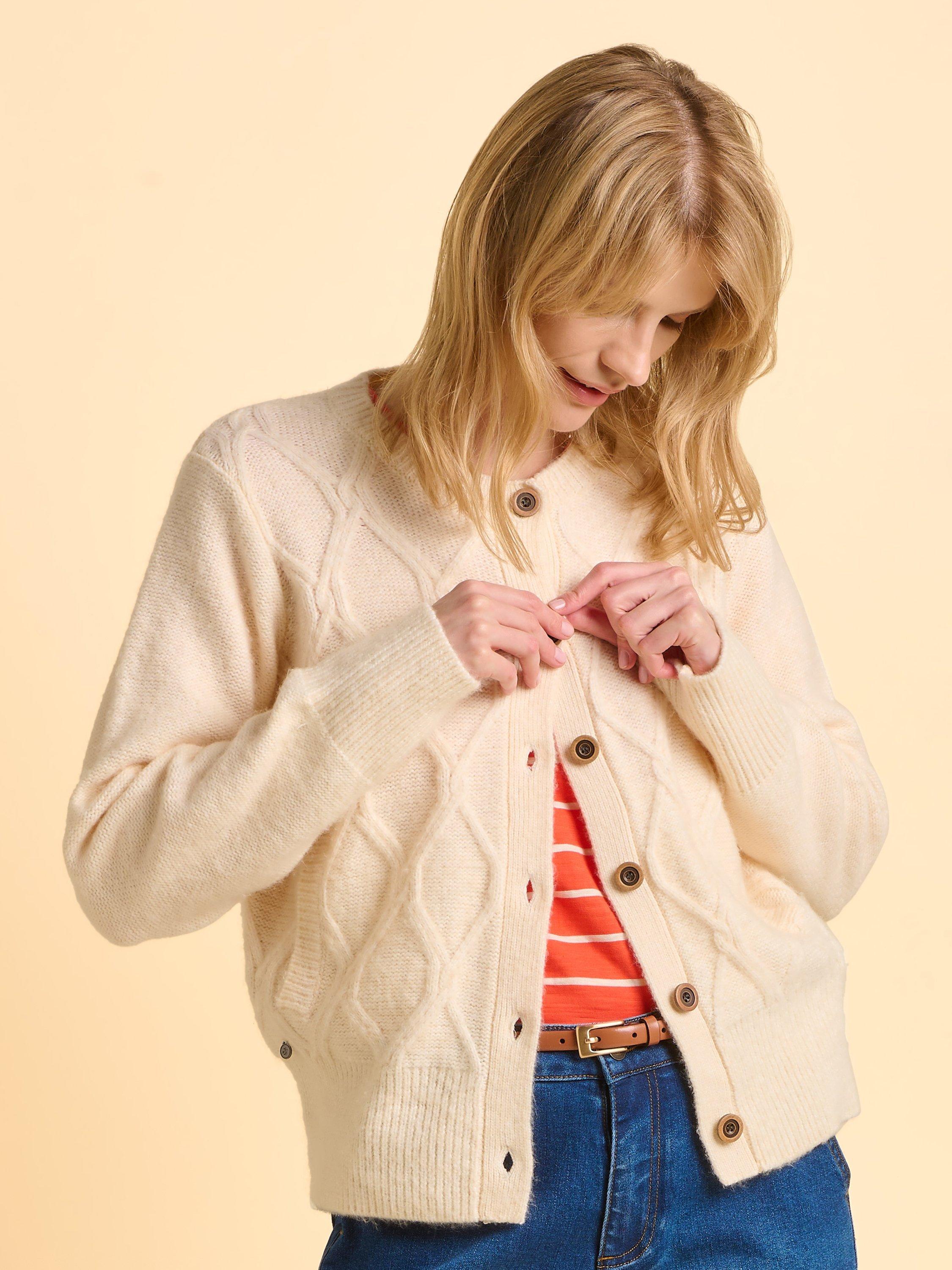 Product image 5 of 6, which shows Brakeburn Pebble Long Sleeve Crew Neck Cardigan, Cream, 8