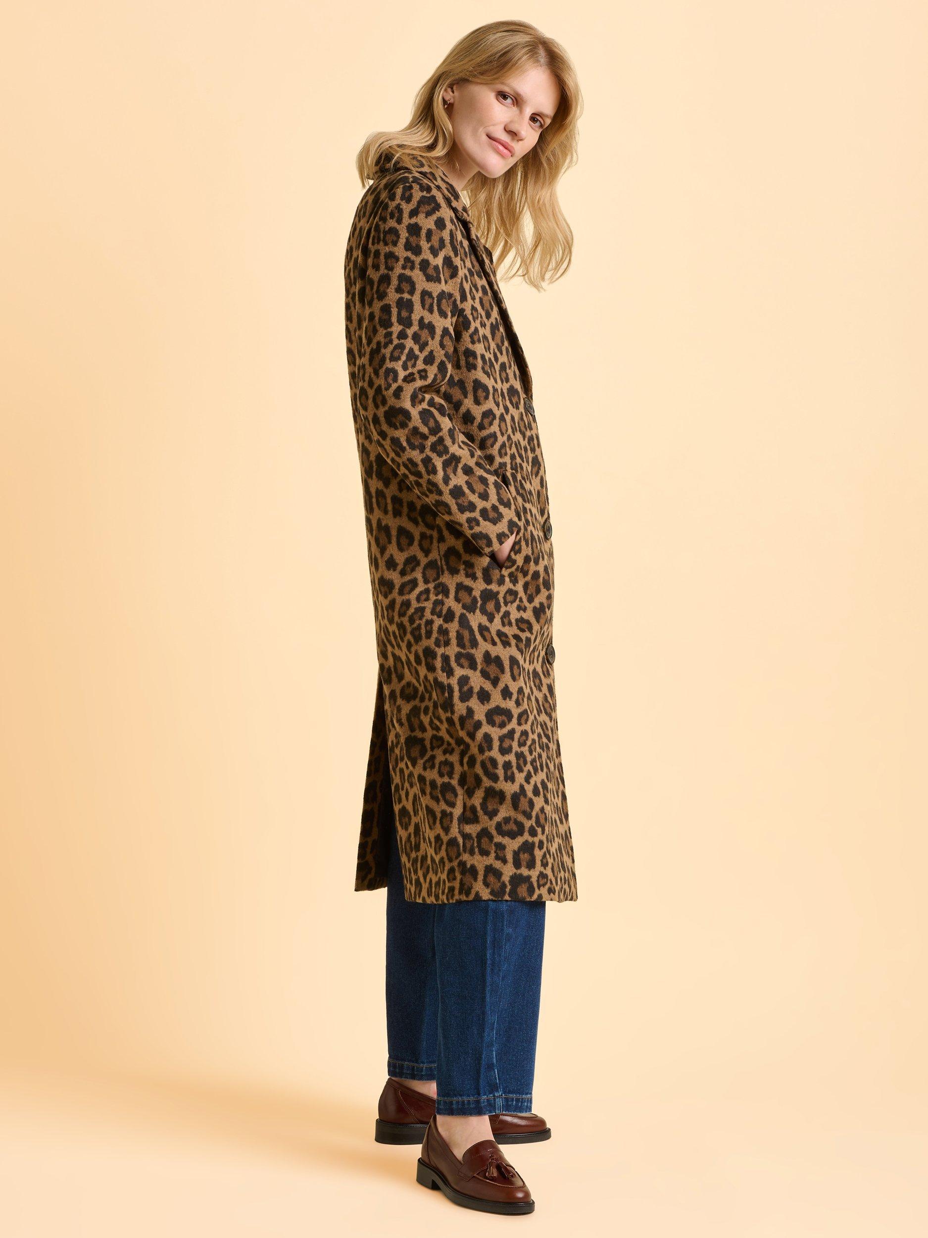 Product image 4 of 7, which shows Brakeburn Twilight Leopard Print Collar Longline Overcoat Jacket, Nude, 8