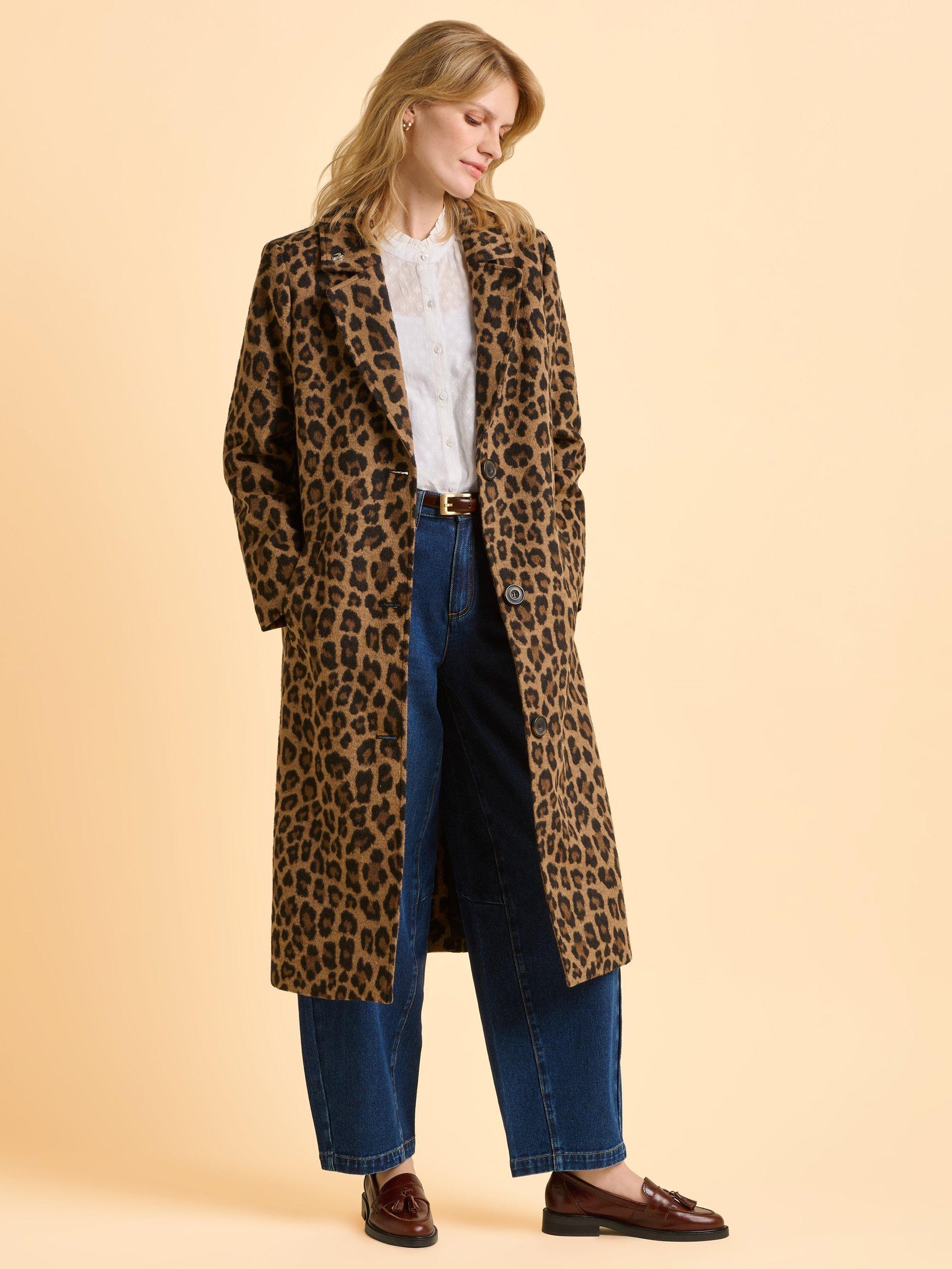 Product image 6 of 7, which shows Brakeburn Twilight Leopard Print Collar Longline Overcoat Jacket, Nude, 8