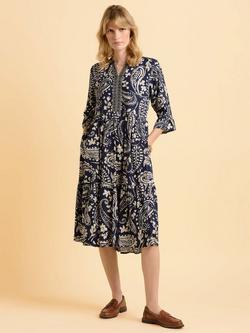 Brakeburn Blizzard Paisley Three-Quarter Sleeve V Neck Midi Dress, Navy