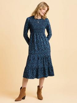 Brakeburn Cay Cotton  Abstract Three-Quarter Sleeve Round Neck Midi Dress, Blue