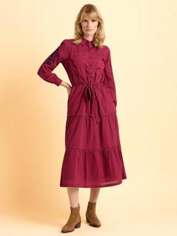 Brakeburn Embers Cotton Floral Embroidery Long Sleeve Collar Tiered Midi Dress, Burgundy