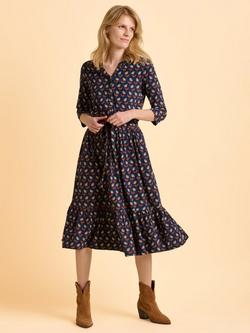 Brakeburn Grace Floral V-Neck Cotton Midi Dress, Navy/Multi