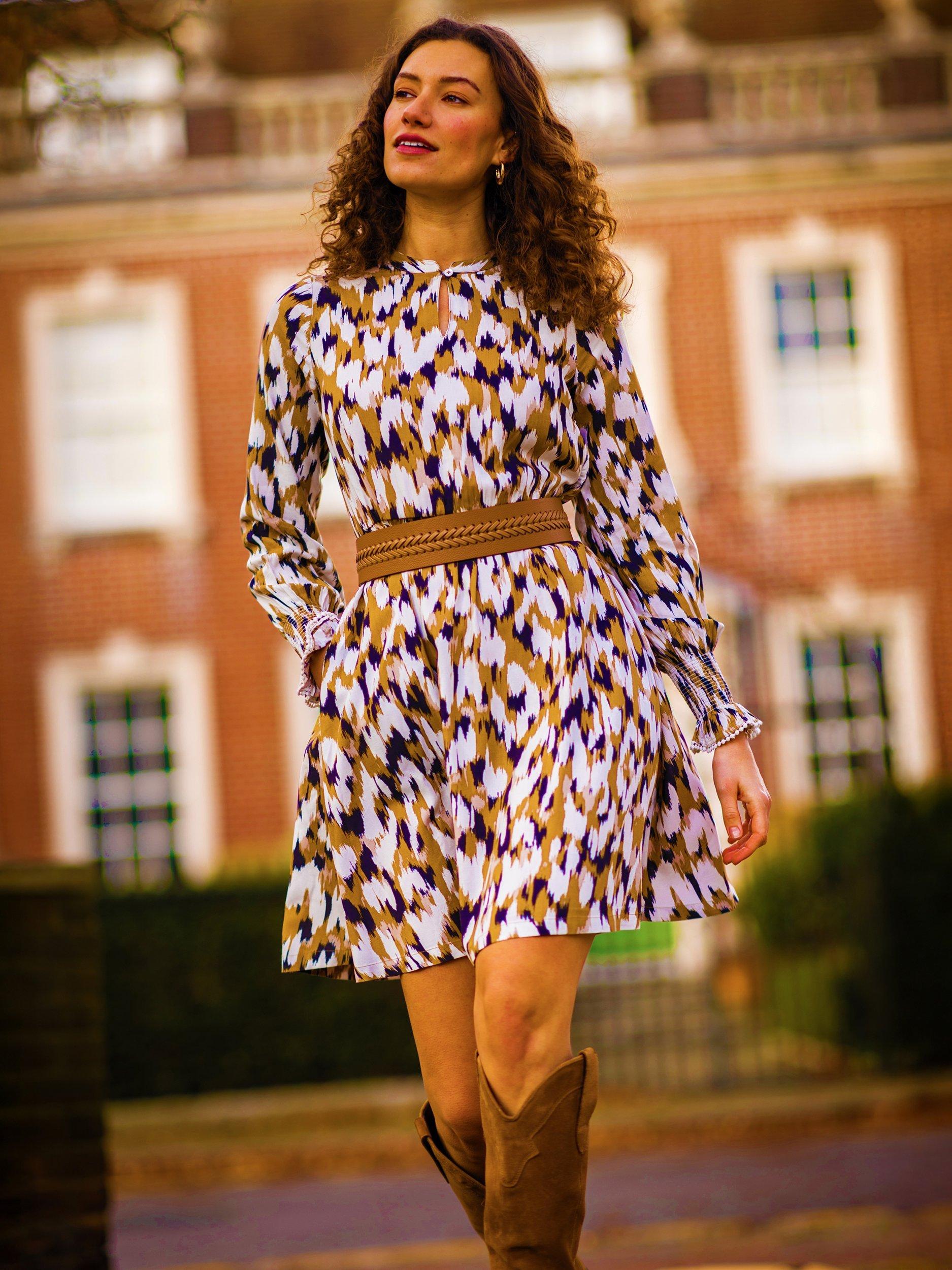 Product image 2 of 6, which shows Brakeburn Hunter Abstract Long Sleeve Dress, Brown, 8