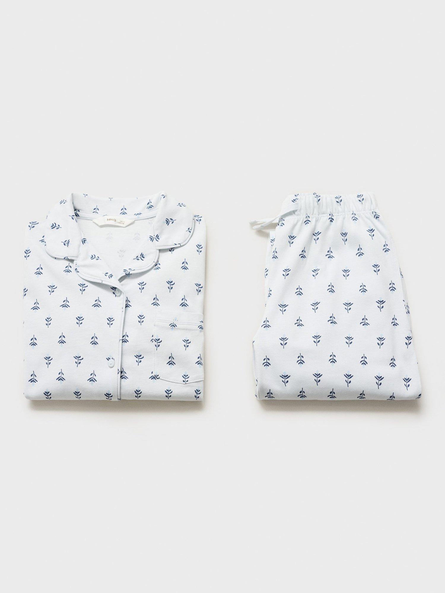 Product image 3 of 4, which shows Mango Kids' Flori Cotton Floral Pyjamas, Pastel Blue, 11-12 years