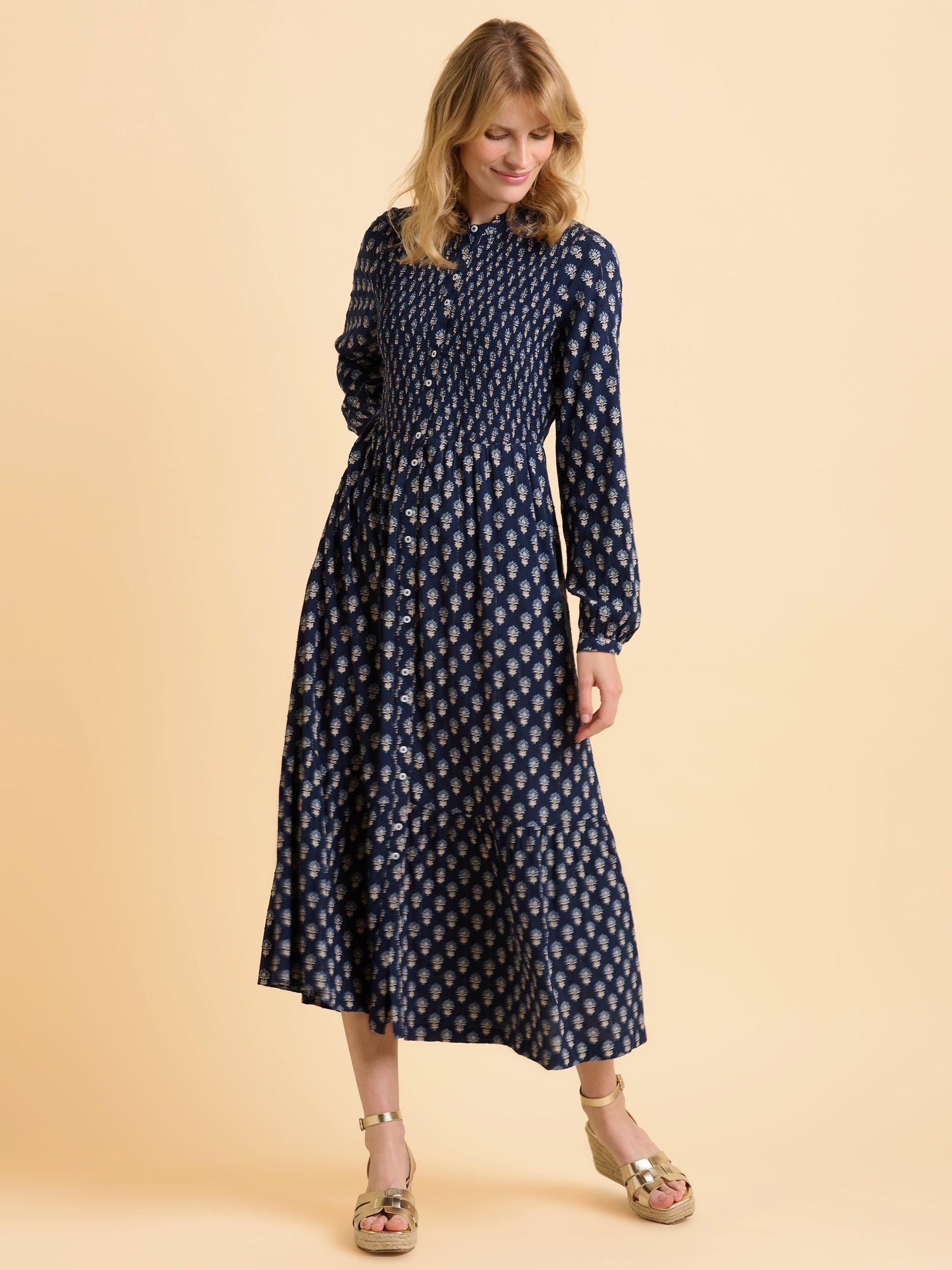 Brakeburn Lark Abstract Pattern Three-Quarter Sleeve Collar Midi