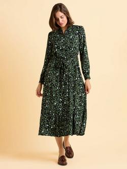 Brakeburn Luna Animal Print Tie Waist Long Sleeve Collar Midi Dress, Green