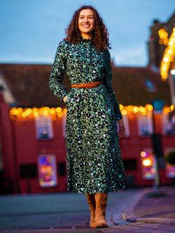 Brakeburn Luna Animal Print Tie Waist Long Sleeve Collar Midi Dress - view 2, Green