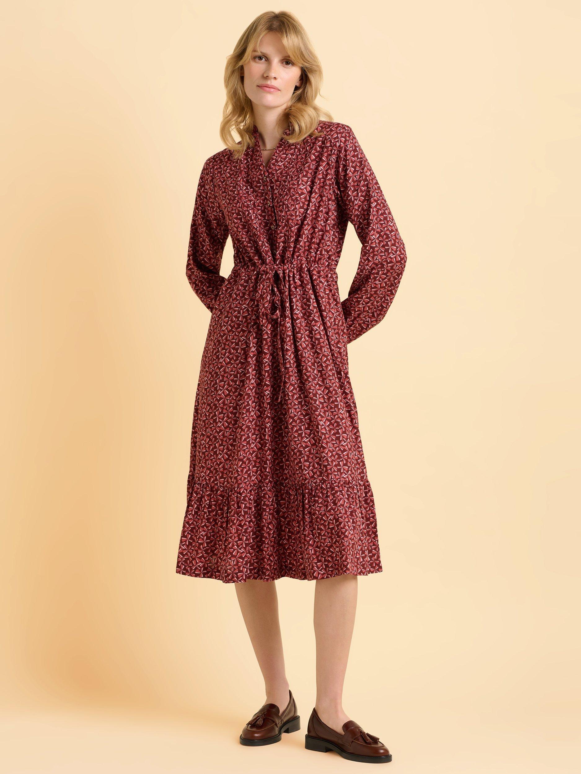 Product image 1 of 5, which shows Brakeburn Meadow Abstract Pattern Long Sleeve V Neck Midi Dress, Burgundy, 8