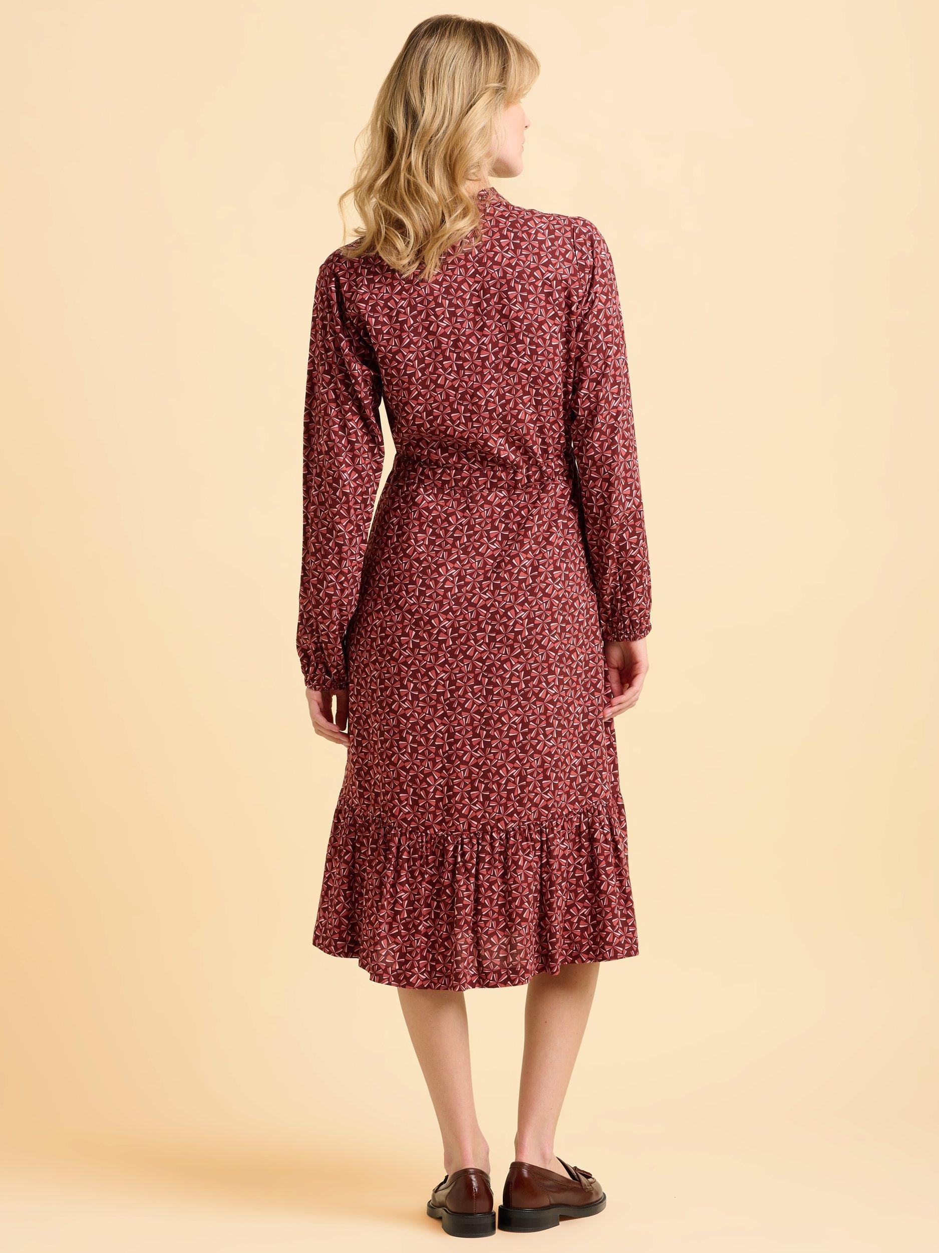 Product image 2 of 5, which shows Brakeburn Meadow Abstract Pattern Long Sleeve V Neck Midi Dress, Burgundy, 8