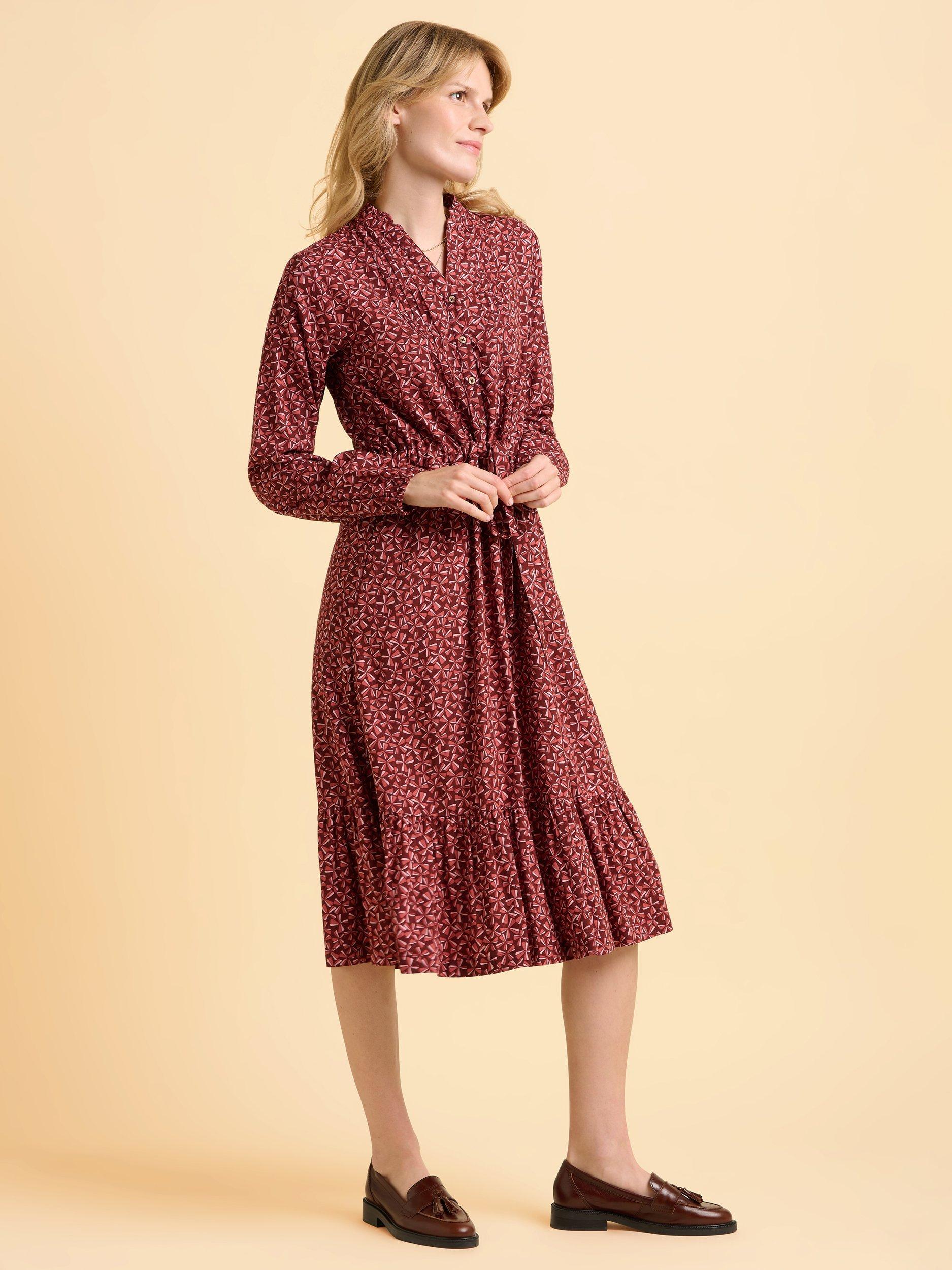 Product image 3 of 5, which shows Brakeburn Meadow Abstract Pattern Long Sleeve V Neck Midi Dress, Burgundy, 8
